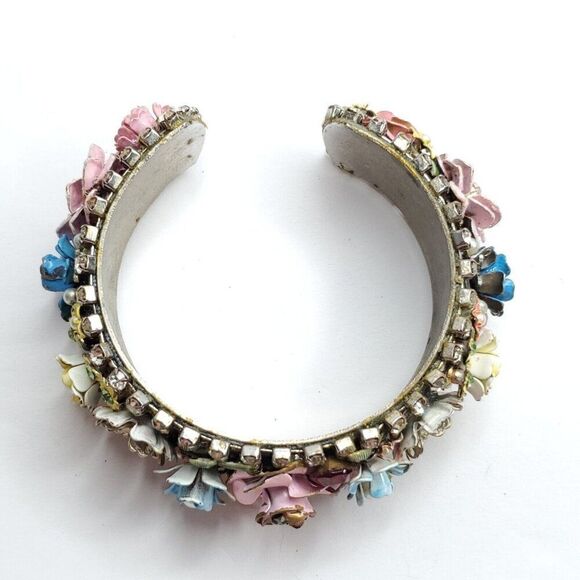 3D Floral Bangle Cuff Bracelet Rhinestones Cottagecore Flower Blue Pink Yellow - Picture 3 of 13